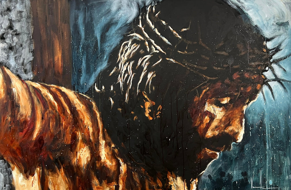 Close-up artwork of Jesus face with crown of thorns, blue and brown color blocks