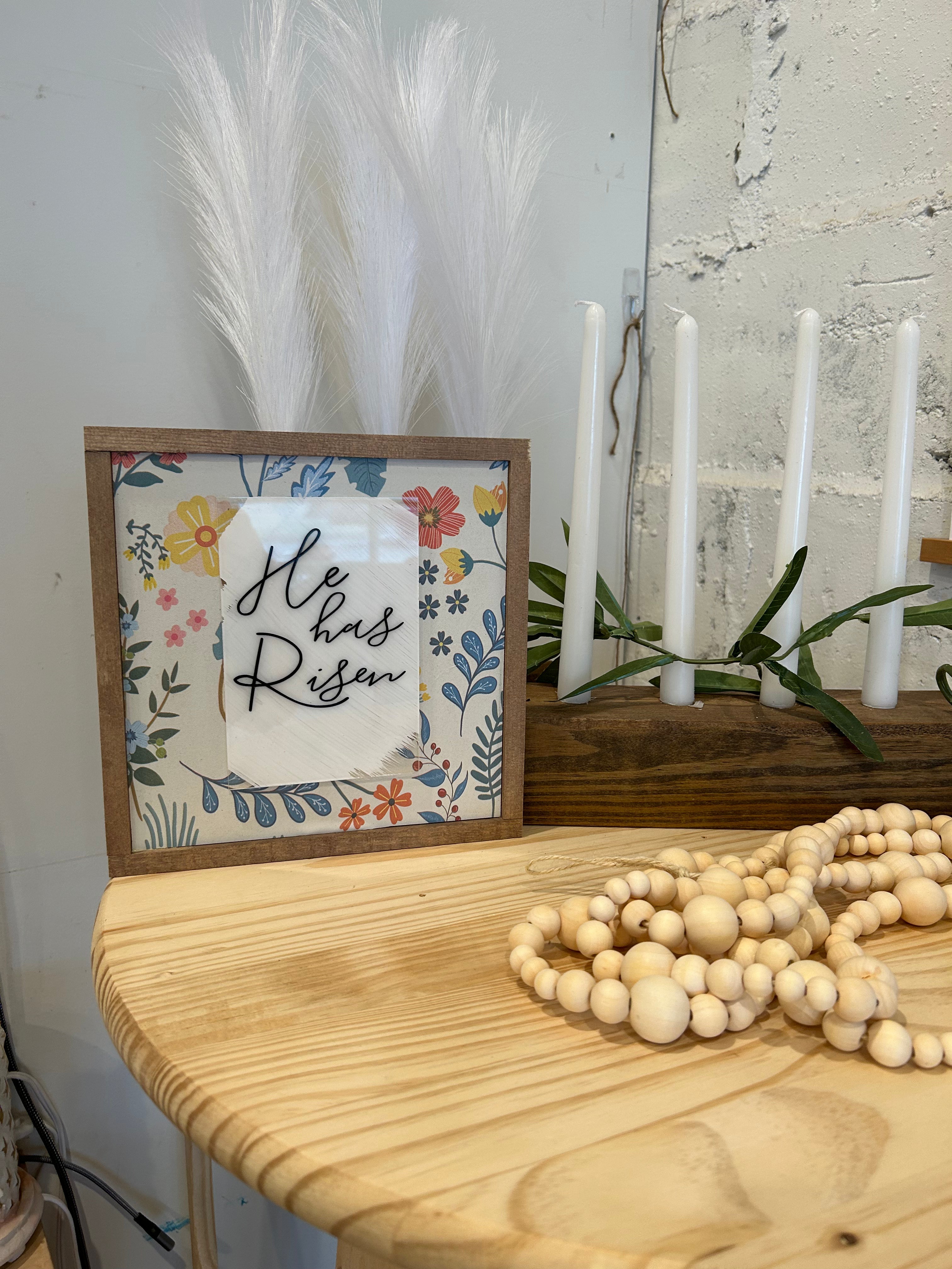 Modern farmhouse Christian wall sign with floral border and white center text