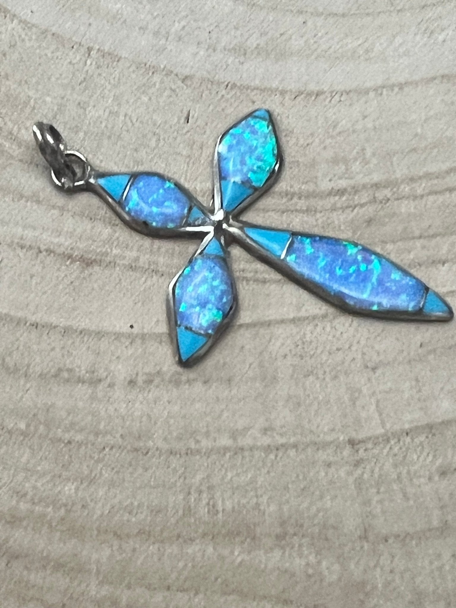 Turquoise opalite cross pendant with elongated marquise stones and loop bail