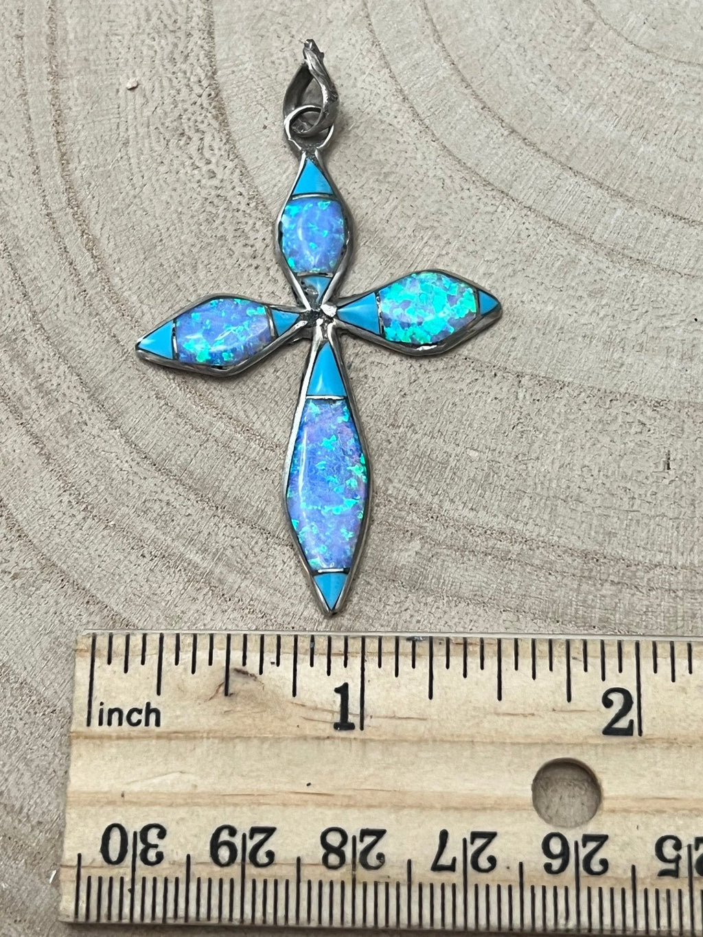 Turquoise opalite cross pendant with three inlay drops and two side stones, loop bail