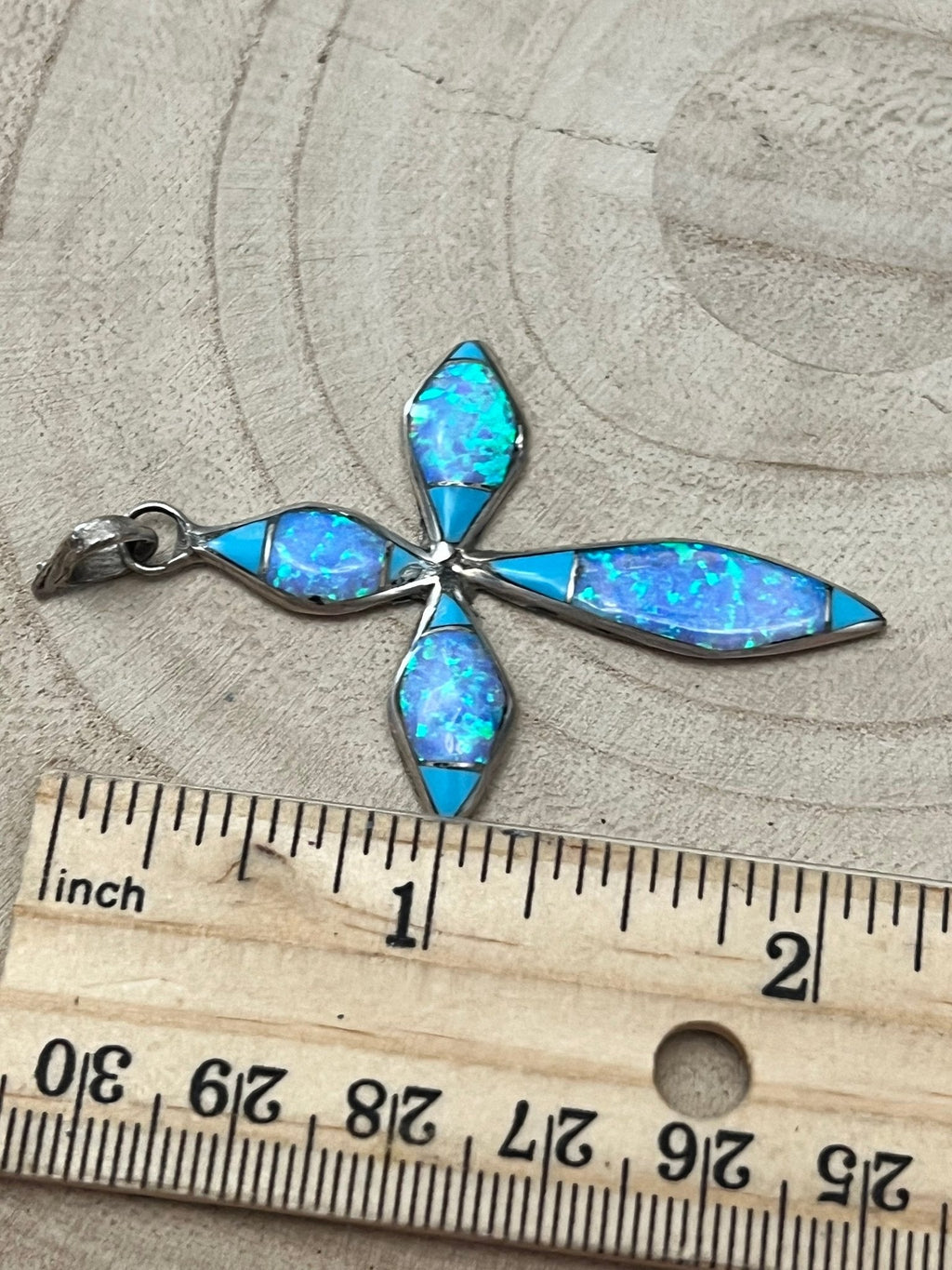 Turquoise opalite cross pendant, four marquise stones and teardrop center, with bail