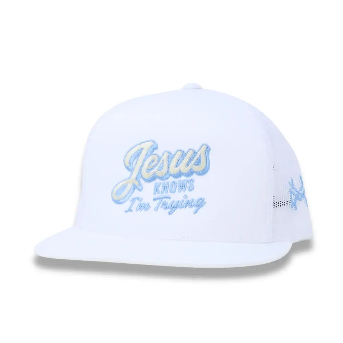 White snapback hat with front script logo and side embroidered crossmark