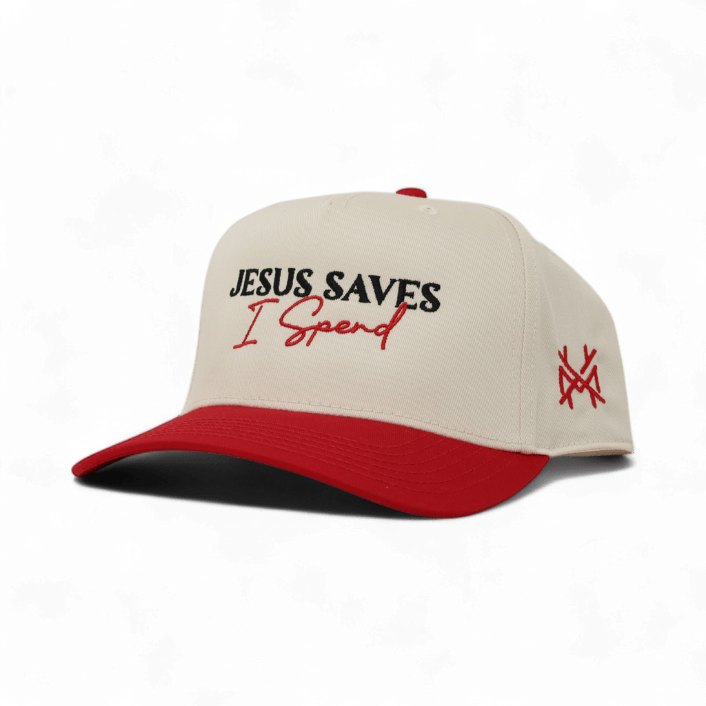 Cream baseball cap with 'JESUS SAVES' and 'I Spend', red brim, red side logo