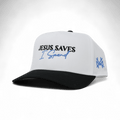 White baseball cap with 'JESUS SAVES' and 'I Spend', black brim, blue side logo