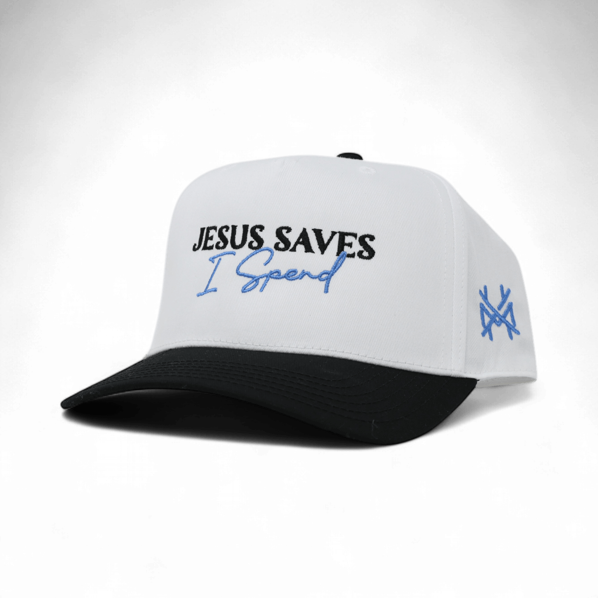 White baseball cap with 'JESUS SAVES' and 'I Spend', black brim, blue side logo