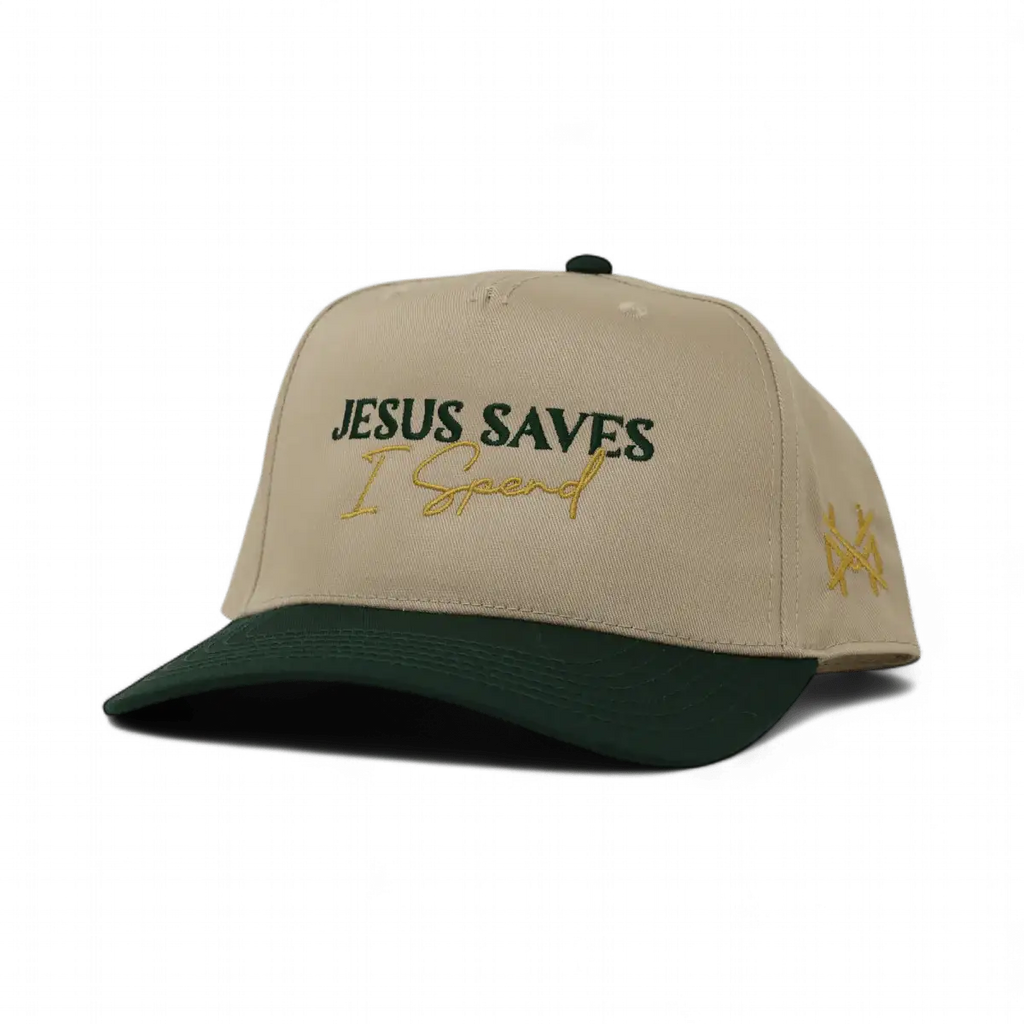 Khaki baseball cap with 'JESUS SAVES' and 'I Spend', dark green brim, side logo