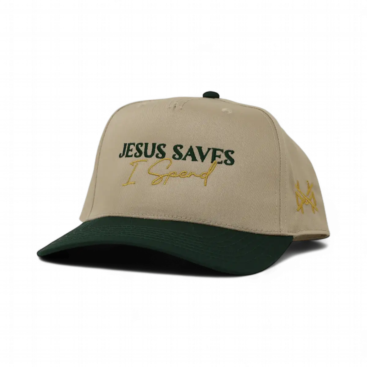 Khaki baseball cap with 'JESUS SAVES' and 'I Spend', dark green brim, side logo
