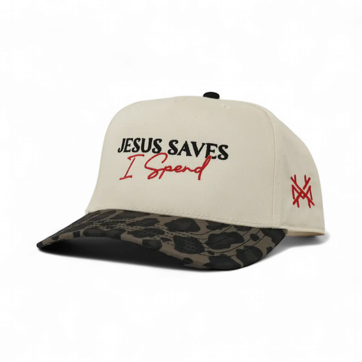 Cream baseball cap with 'JESUS SAVES' and 'I Spend', camo brim, side logo
