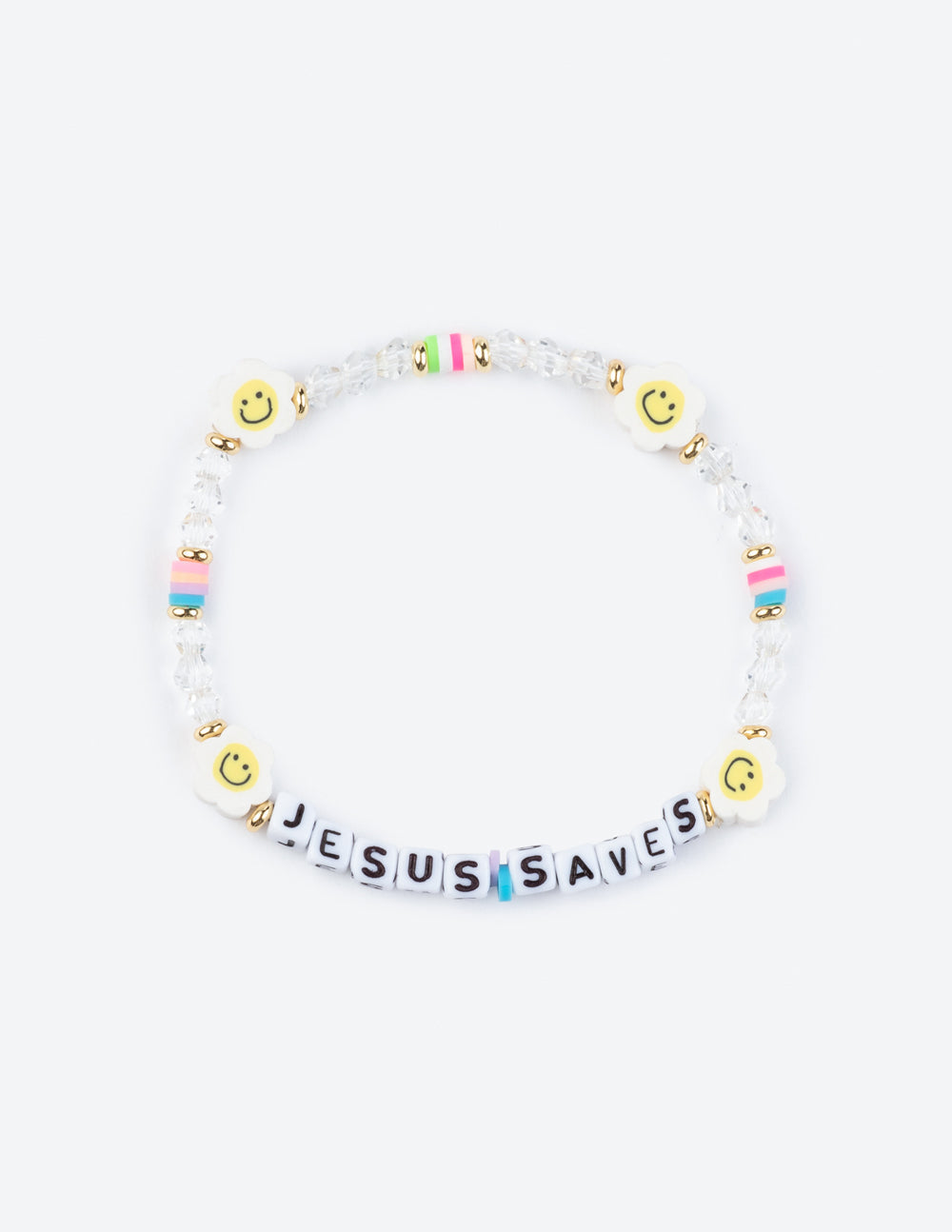 Beaded letter bracelet with smiley beads and white tiles reading 'Jesus Saves'