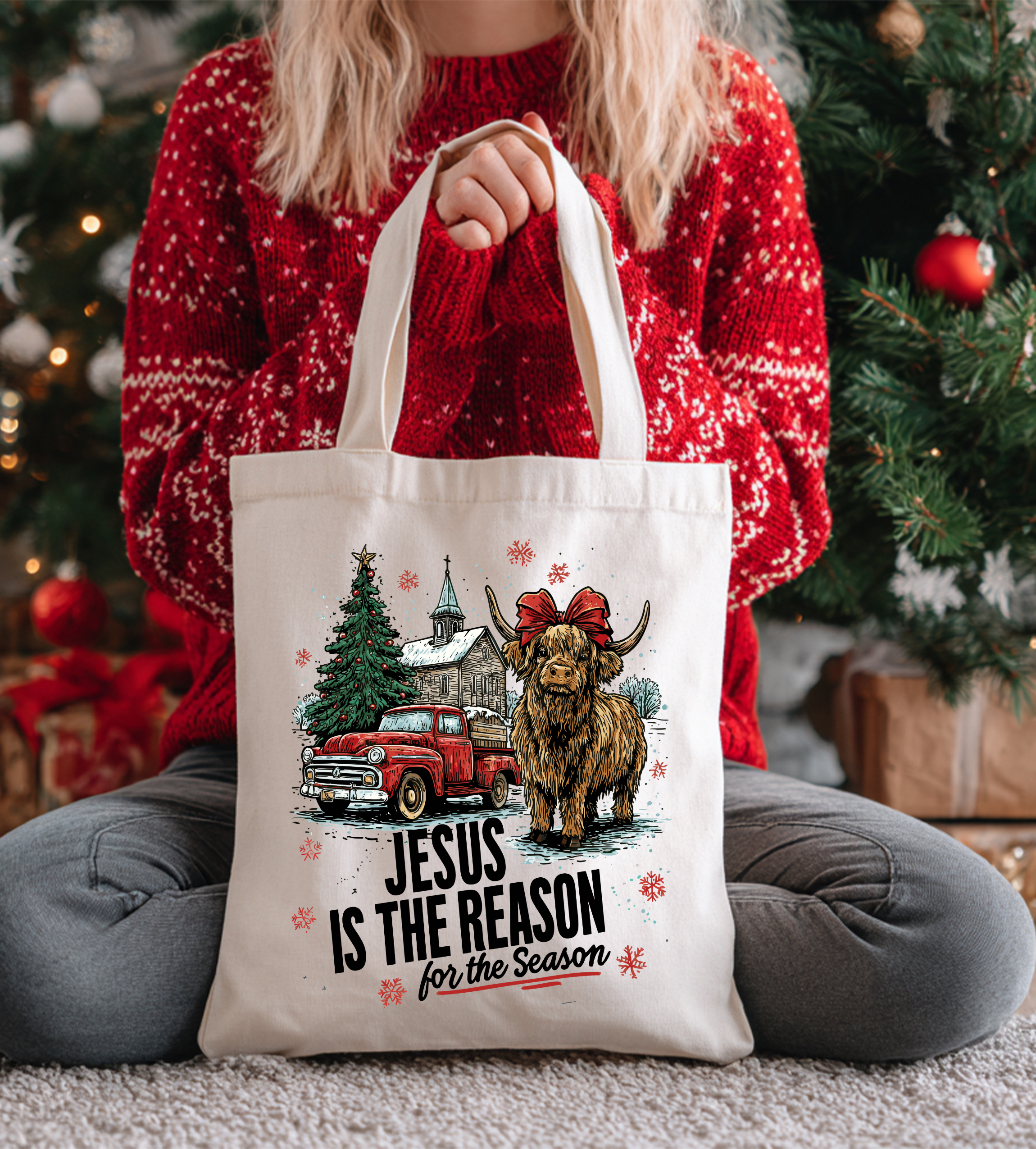 Cream canvas tote bag with dog, Christmas tree and text "Jesus is the Reason"