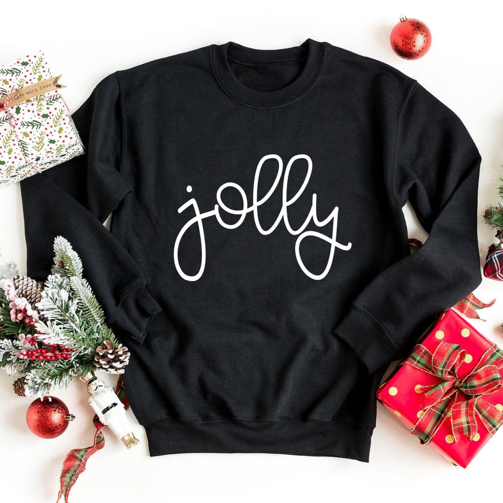 Black crewneck sweatshirt with white cursive Jolly logo and long sleeves