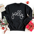 Black crewneck sweatshirt with white cursive Jolly logo and long sleeves