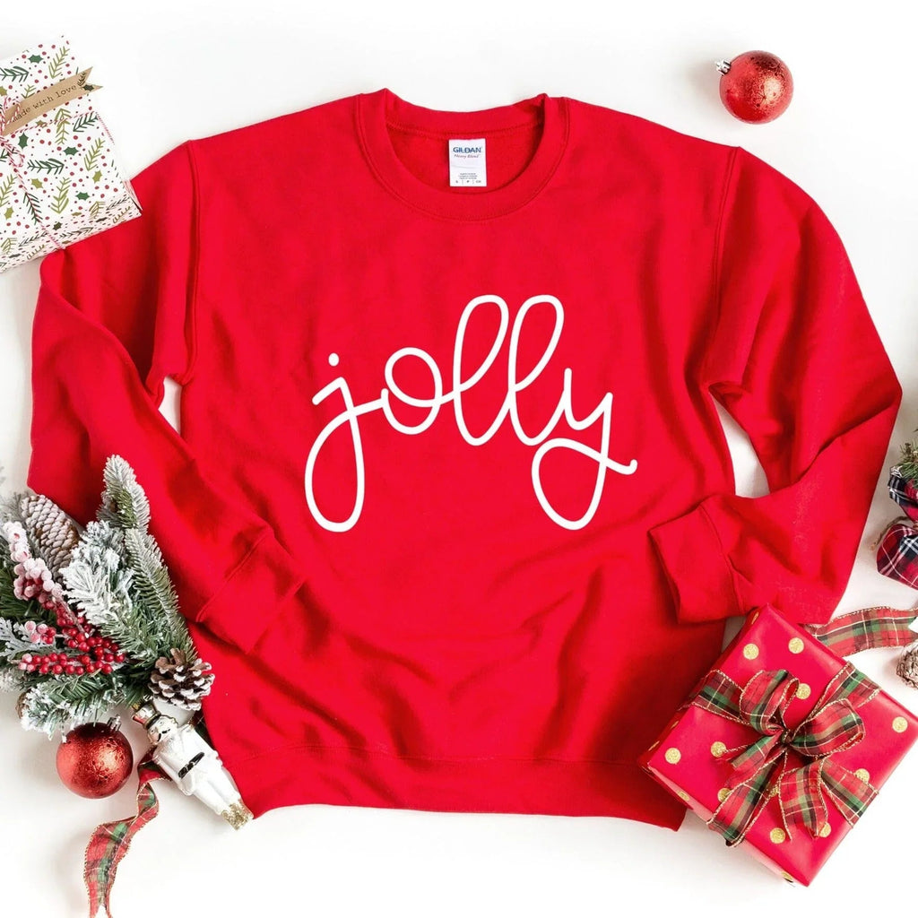 Red crewneck sweatshirt with white cursive Jolly logo and long sleeves