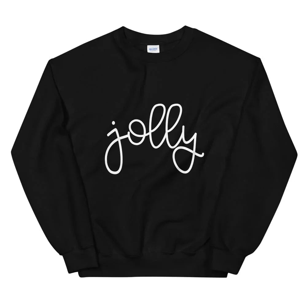 Black crewneck sweatshirt with white cursive Jolly logo, pull-on long sleeves