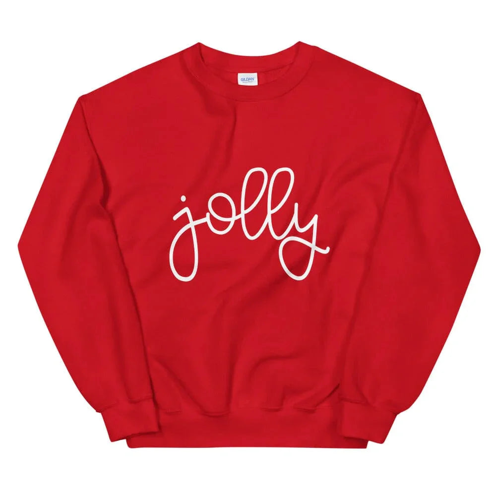 Red crewneck sweatshirt with white cursive Jolly logo, pull-on long sleeves