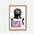 Framed wall art with black Jesus portrait and pink script 'Jesus' lettering