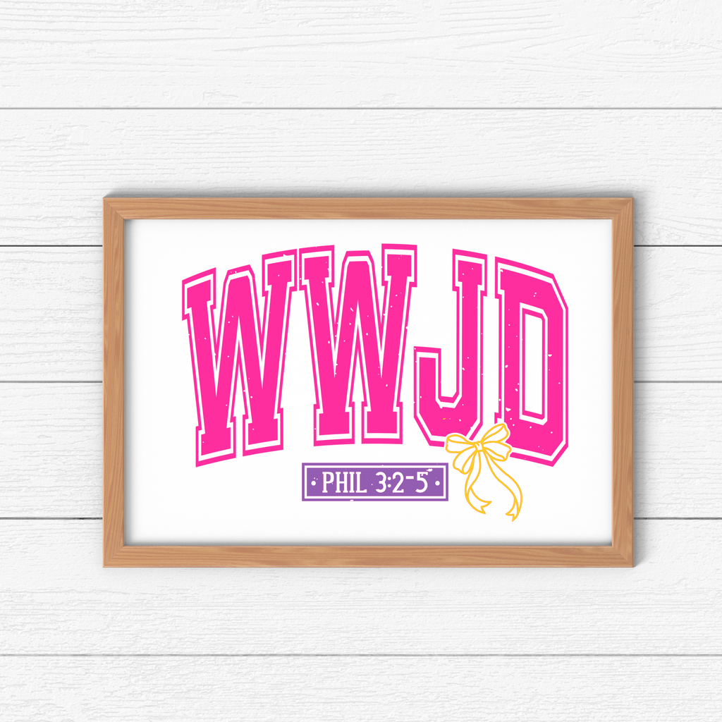 Framed WWJD wall art sign with pink text and 'Phil 3:2–5' plaque