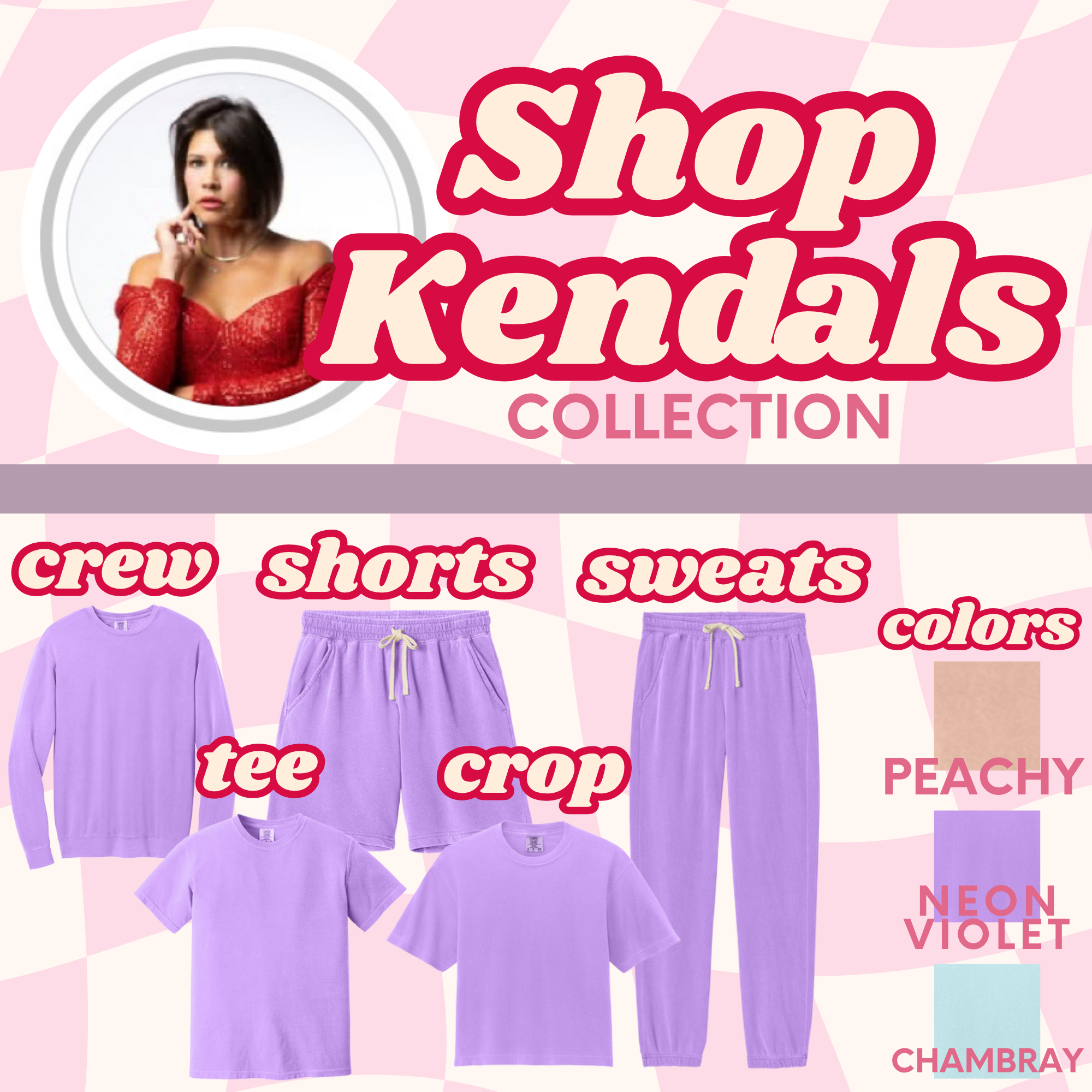 Lilac drawstring sweat shorts with crew-style graphic, shown in matching set layout.