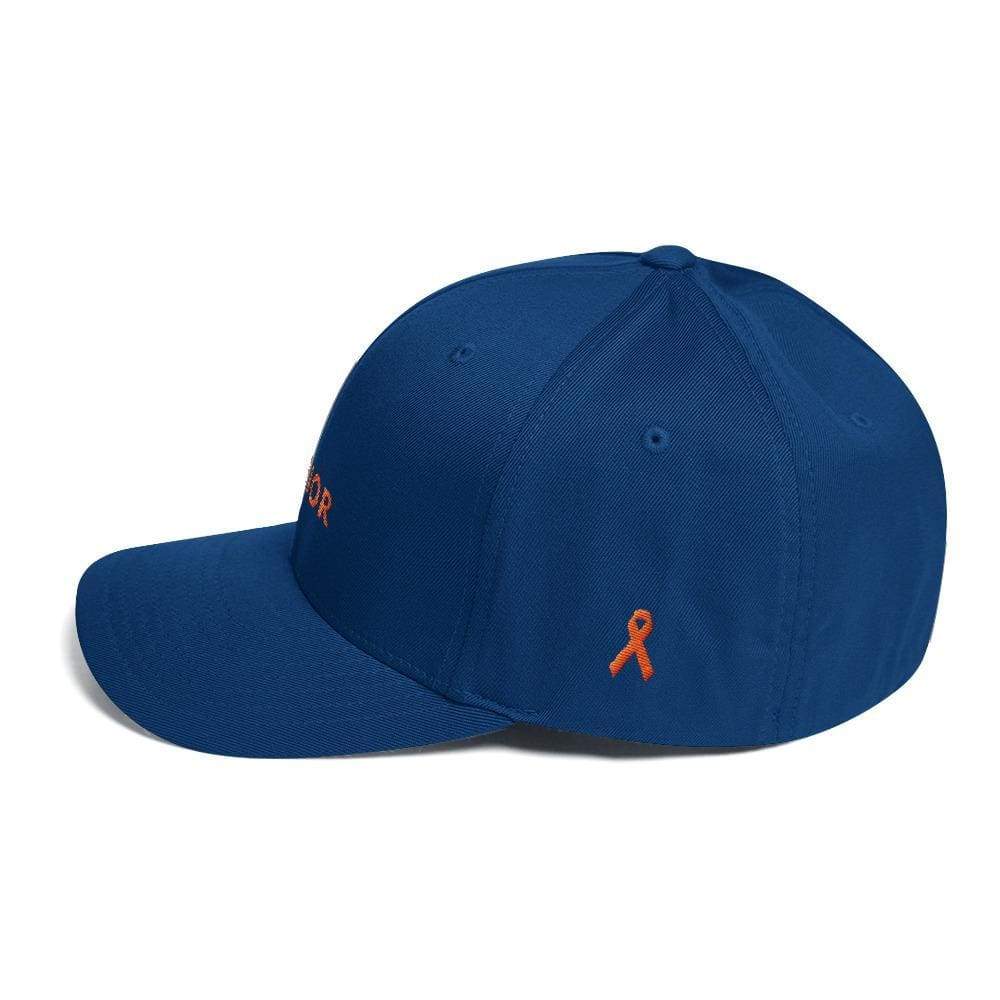 Royal blue fitted twill hat with orange ribbon logo on side