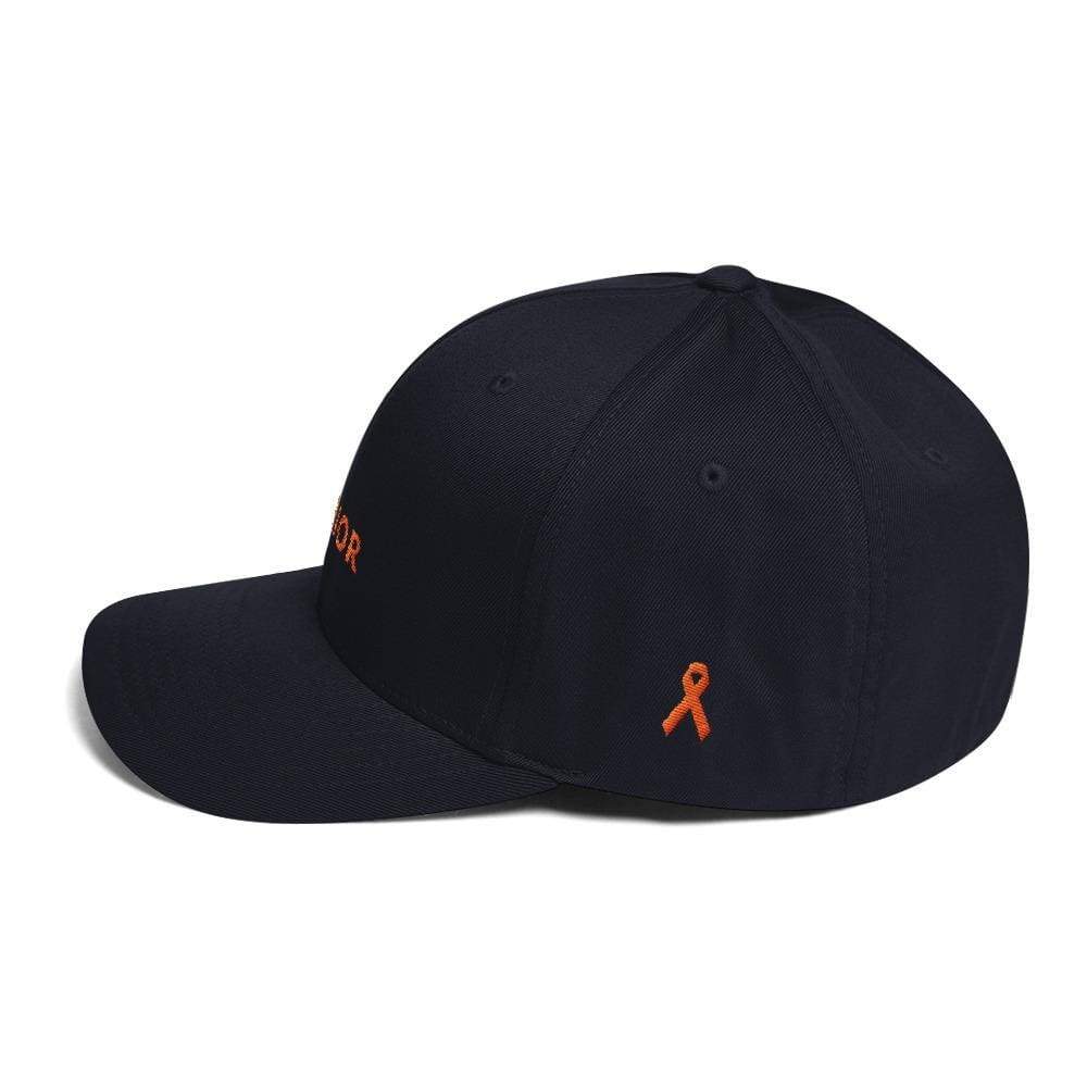 Dark navy fitted twill hat with orange ribbon logo on side