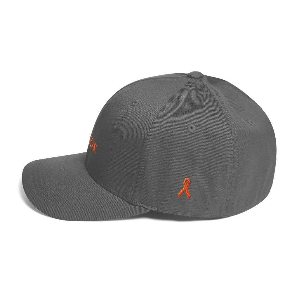 Grey fitted twill hat with orange ribbon logo on side