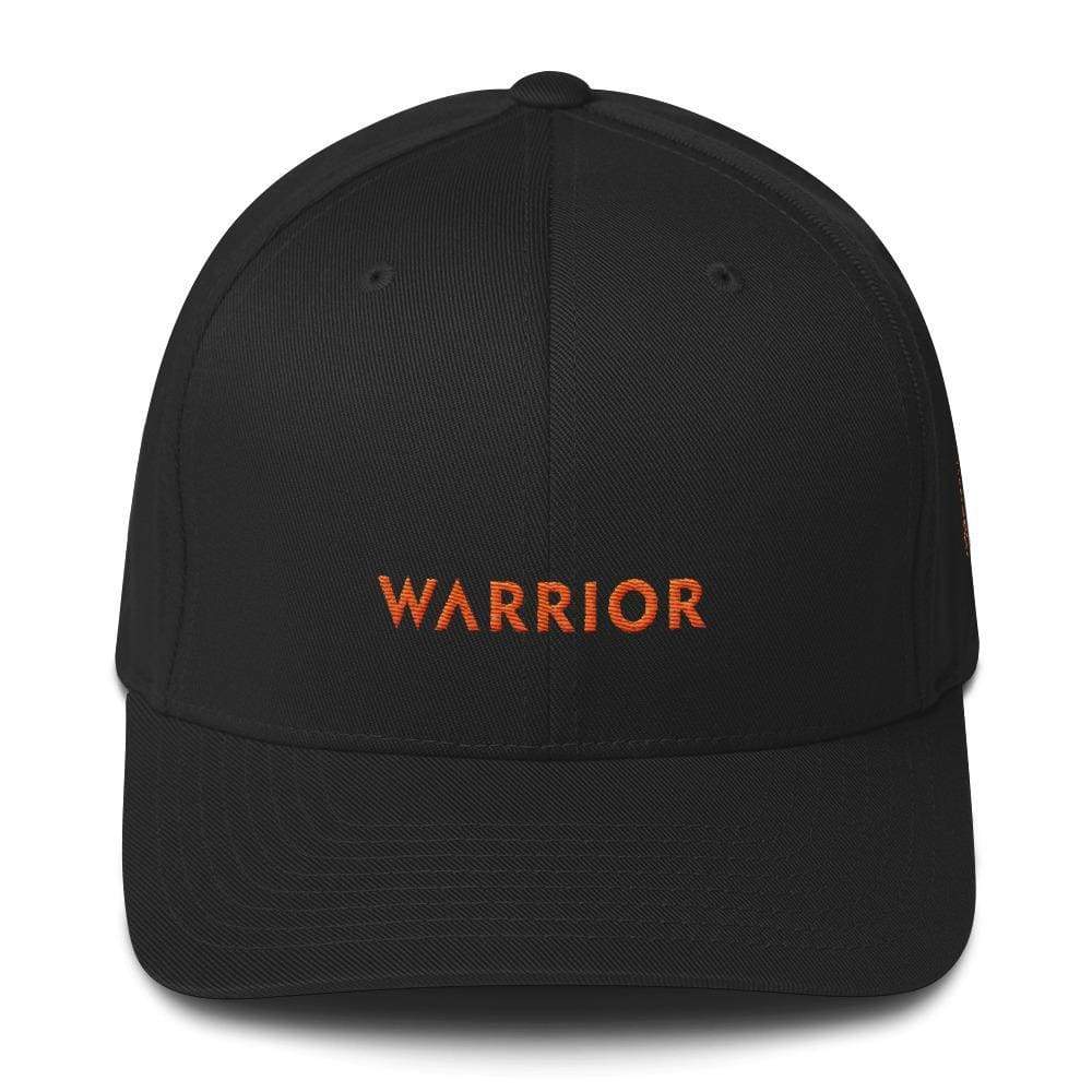 Black fitted twill hat with WARRIOR front embroidery and orange accents