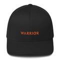 Black fitted twill hat with WARRIOR front embroidery and orange accents
