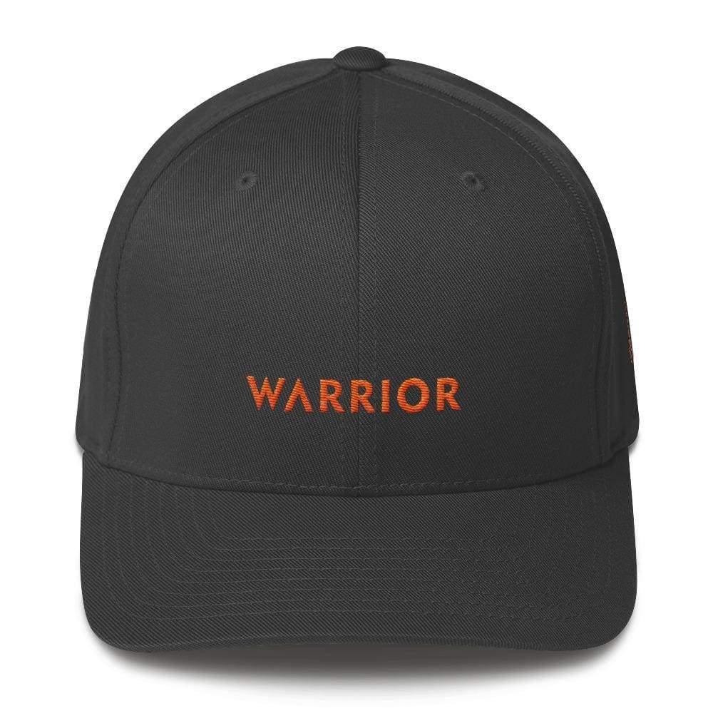 Dark grey fitted twill hat with WARRIOR front embroidery and orange accents