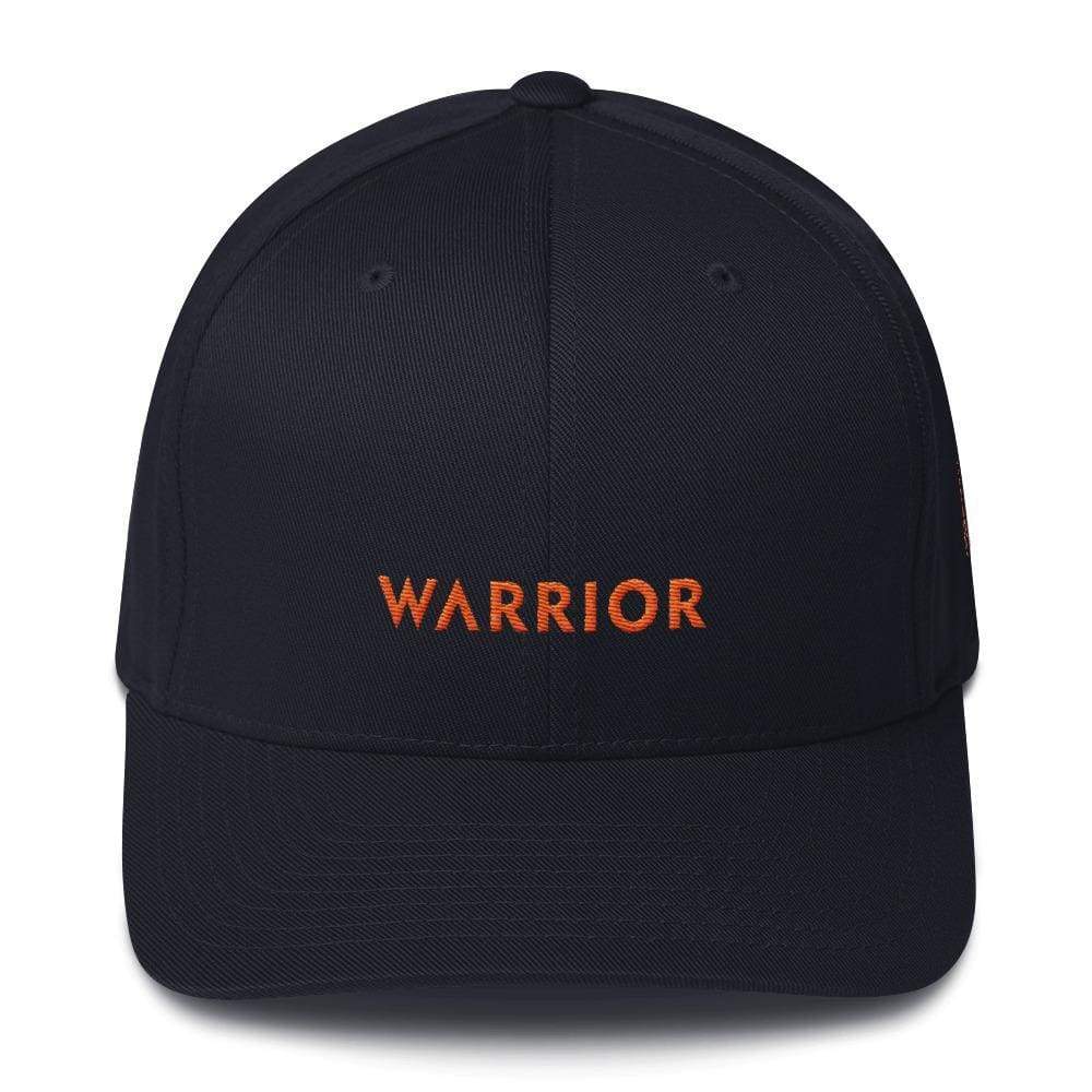 Dark navy fitted twill hat with WARRIOR front embroidery and orange accents