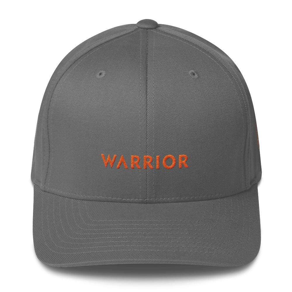 Grey fitted twill hat with WARRIOR front embroidery and orange accents