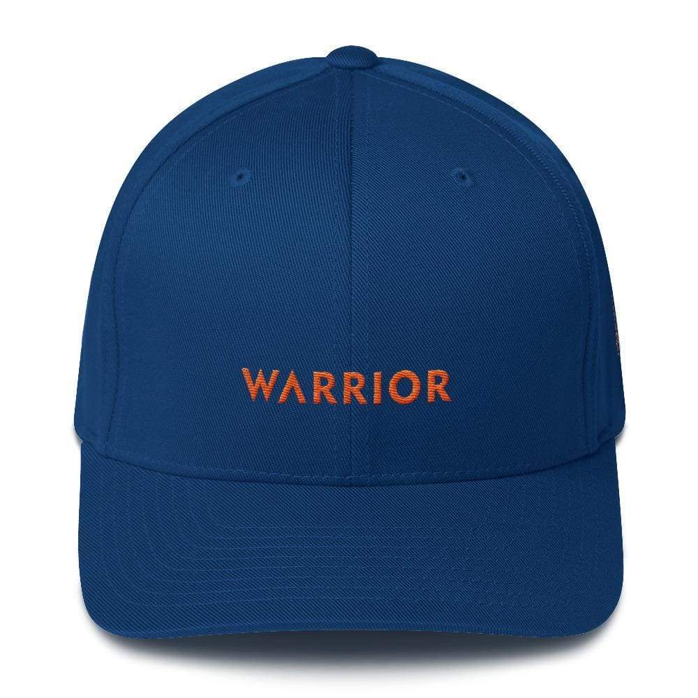 Royal blue fitted twill hat with WARRIOR front embroidery and orange accents