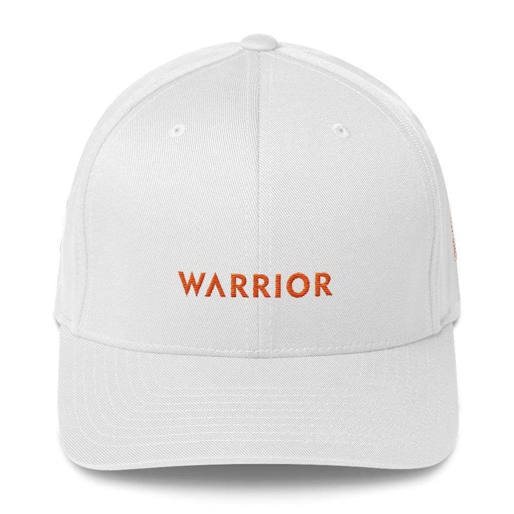 White fitted twill hat with orange “WARRIOR” logo