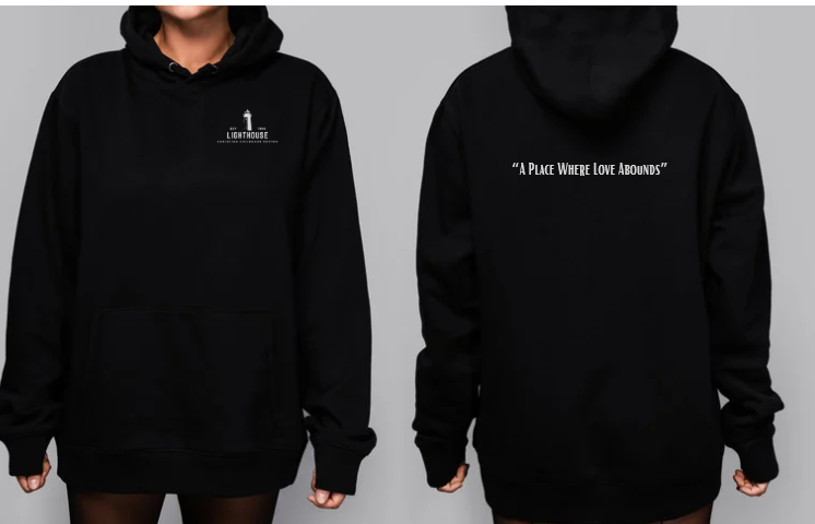 Black heavy blend hoodie sweatshirt with hood, front pocket, chest logo and back slogan