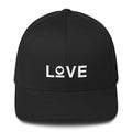 Black fitted baseball cap with white LOVE and heart logo on front.