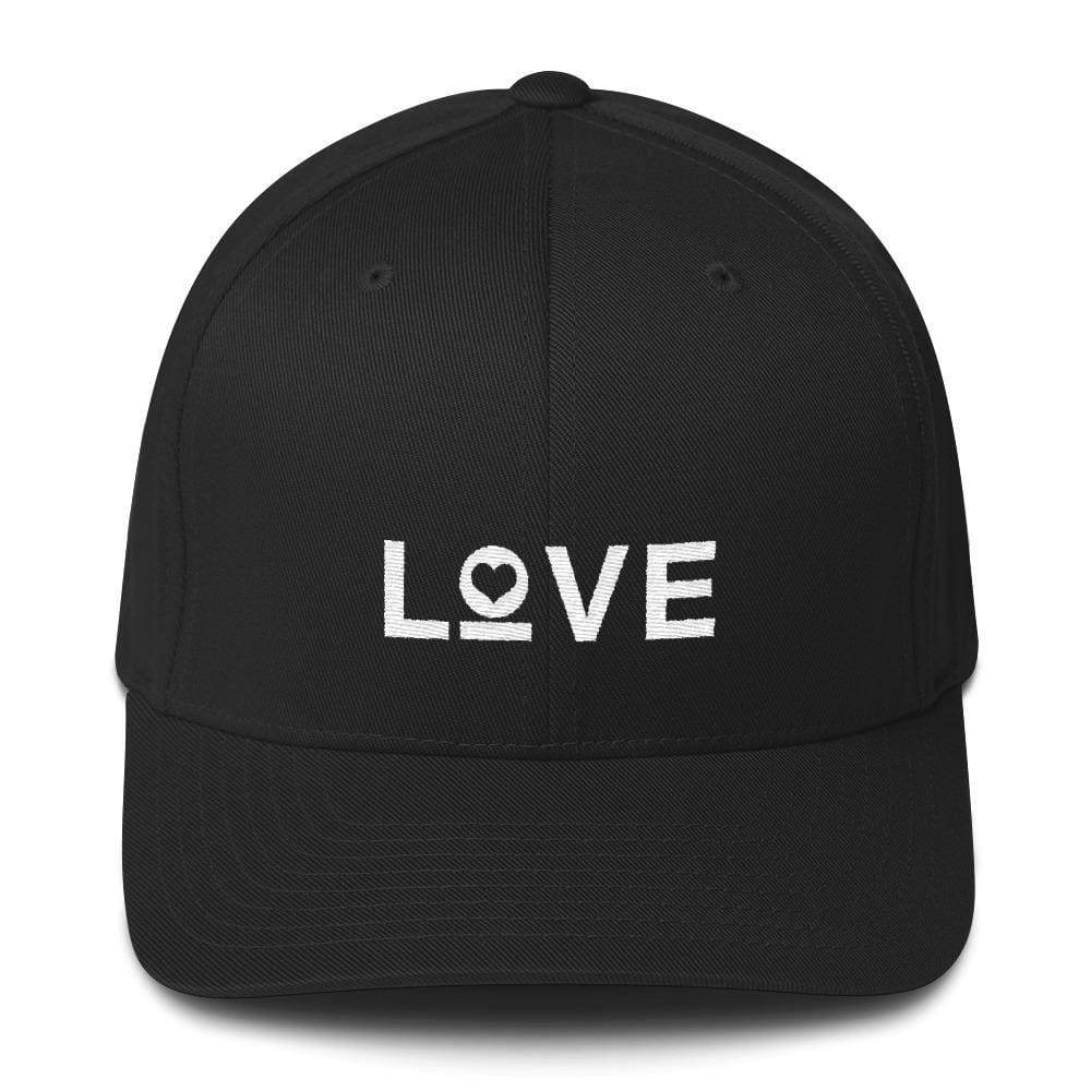 Black fitted baseball cap with white LOVE and heart logo on front.