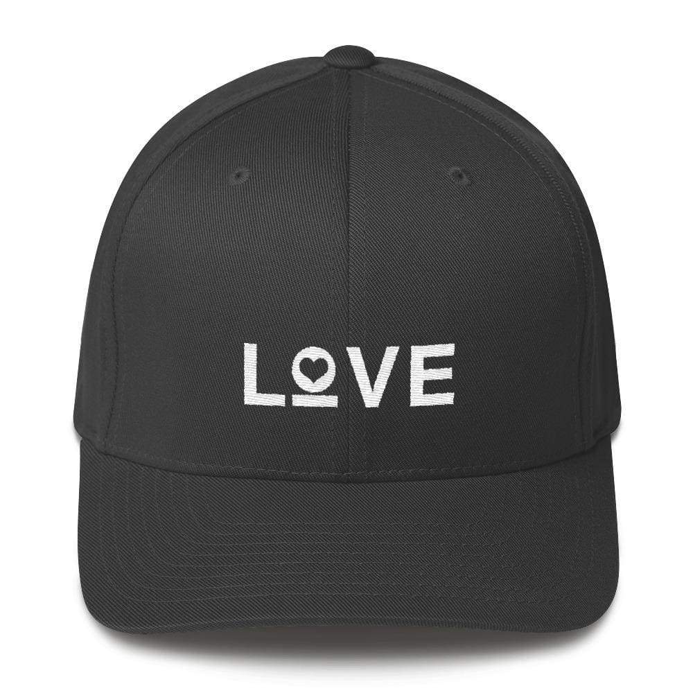 Dark gray fitted baseball cap with white LOVE and heart logo on front.