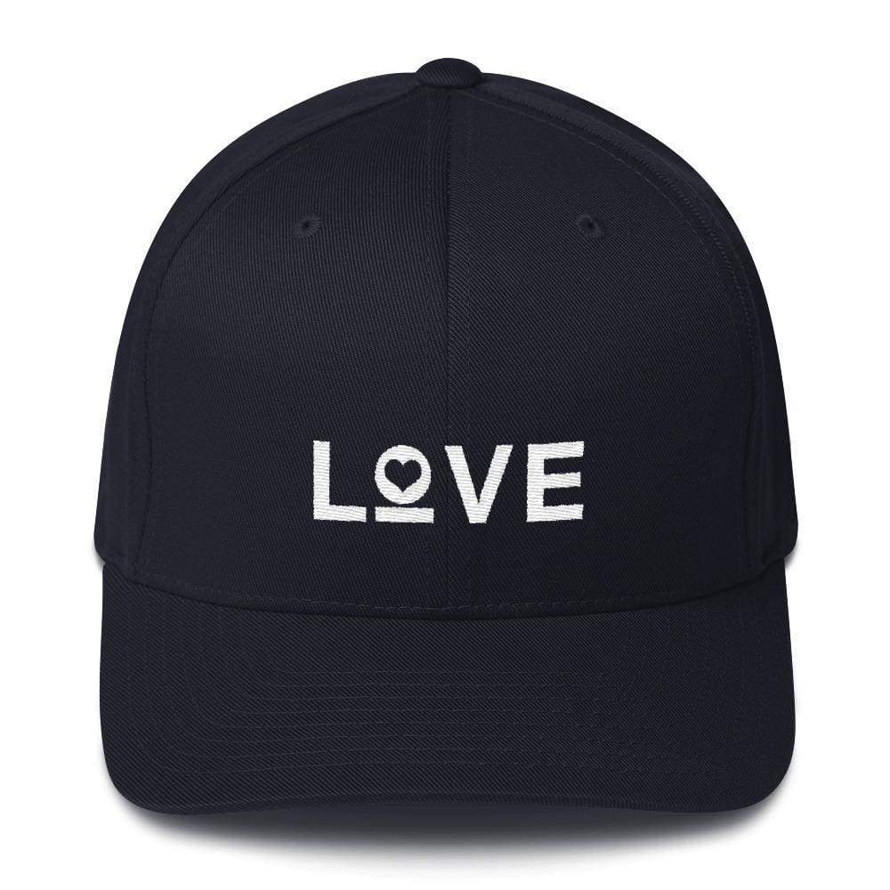 Dark navy fitted baseball cap with white LOVE and heart logo on front.