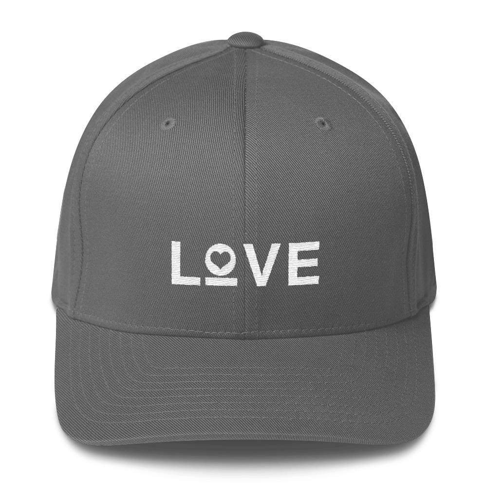 Grey fitted baseball cap with white LOVE and heart logo on front.