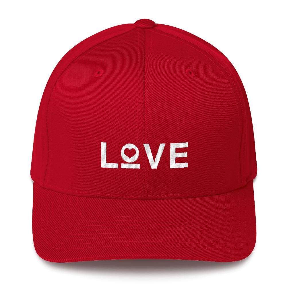 Red fitted baseball cap with white LOVE and heart logo on front.