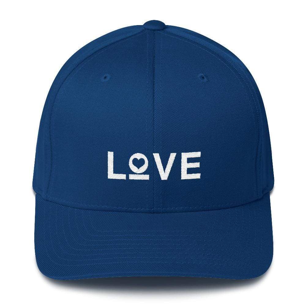 Royal blue fitted baseball cap with white LOVE and heart logo on front.