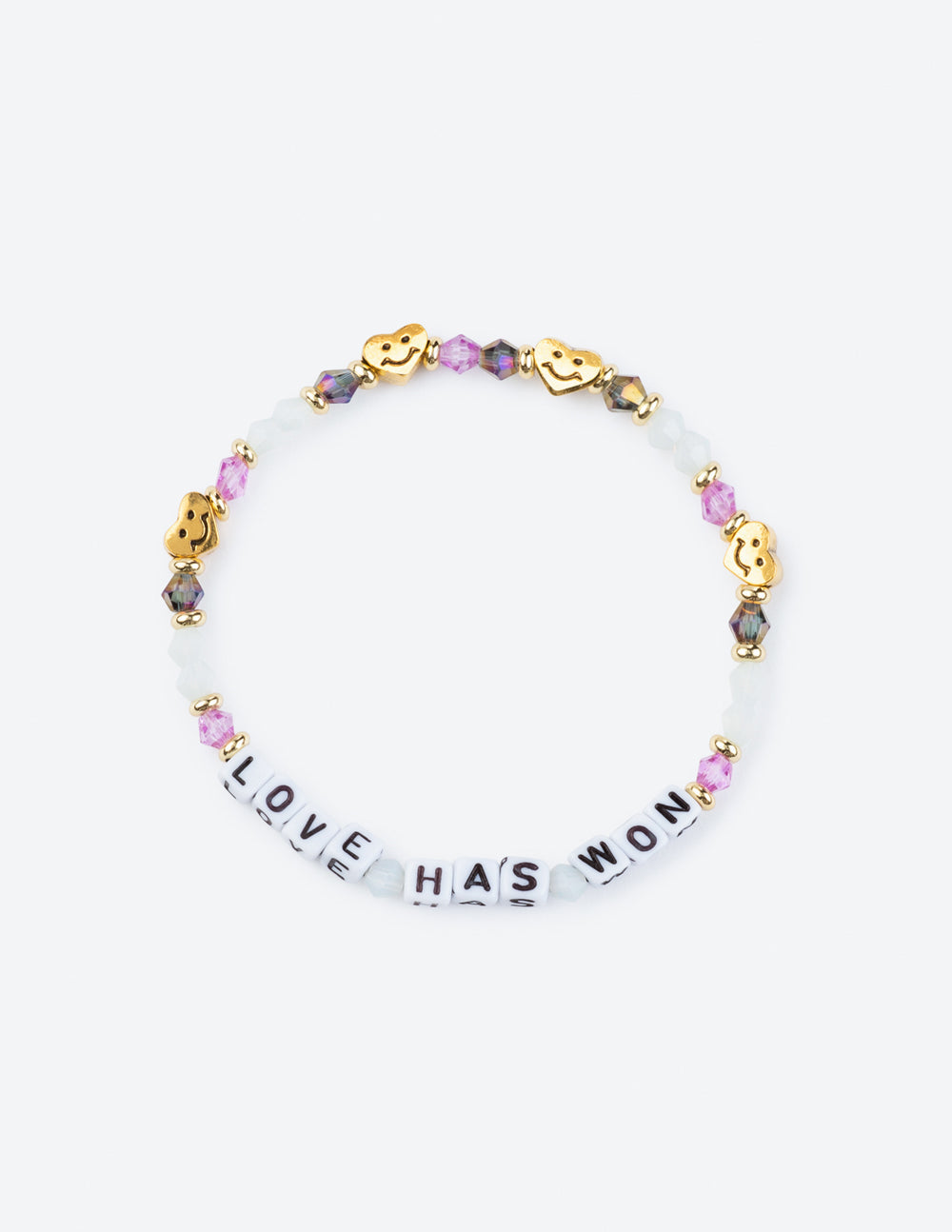 Love Has Won letter bracelet with purple and gold beads, smiley charms, round link