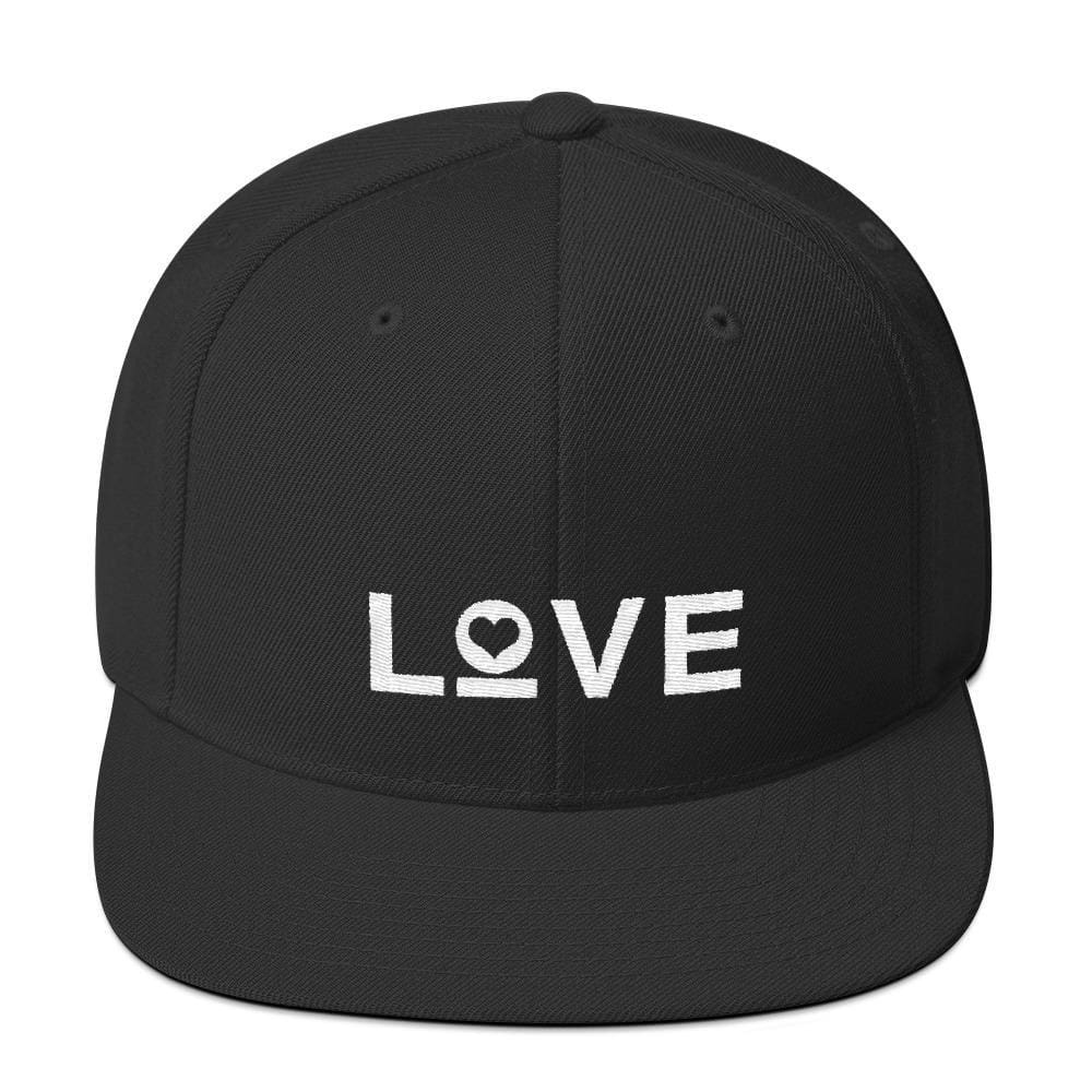 Snapback hat, black with white LOVE heart graphic and flat brim.
