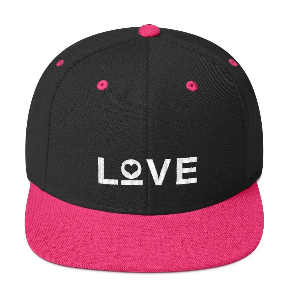 Snapback hat, black with pink top button, pink brim, and white LOVE graphic.