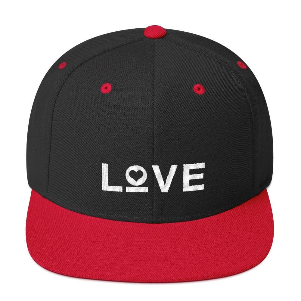 Snapback hat, black with red top button, red brim, and white LOVE graphic.
