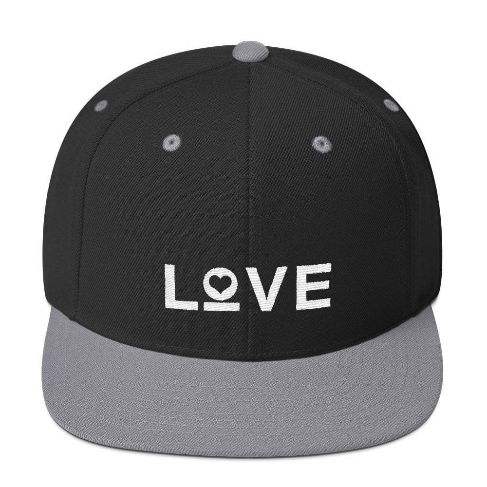 Snapback hat, black with light gray brim and white LOVE heart graphic.