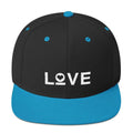 Snapback hat, black with teal top button, teal brim, and white LOVE graphic.
