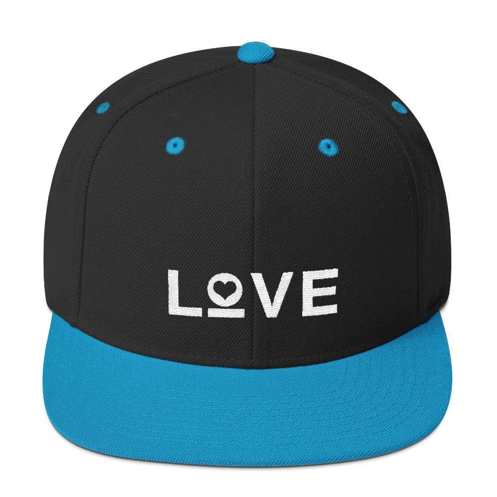 Snapback hat, black with teal top button, teal brim, and white LOVE graphic.