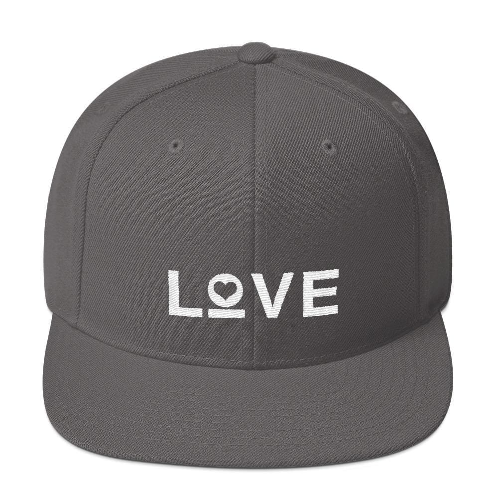 Snapback hat, dark gray with white LOVE heart graphic and flat brim.