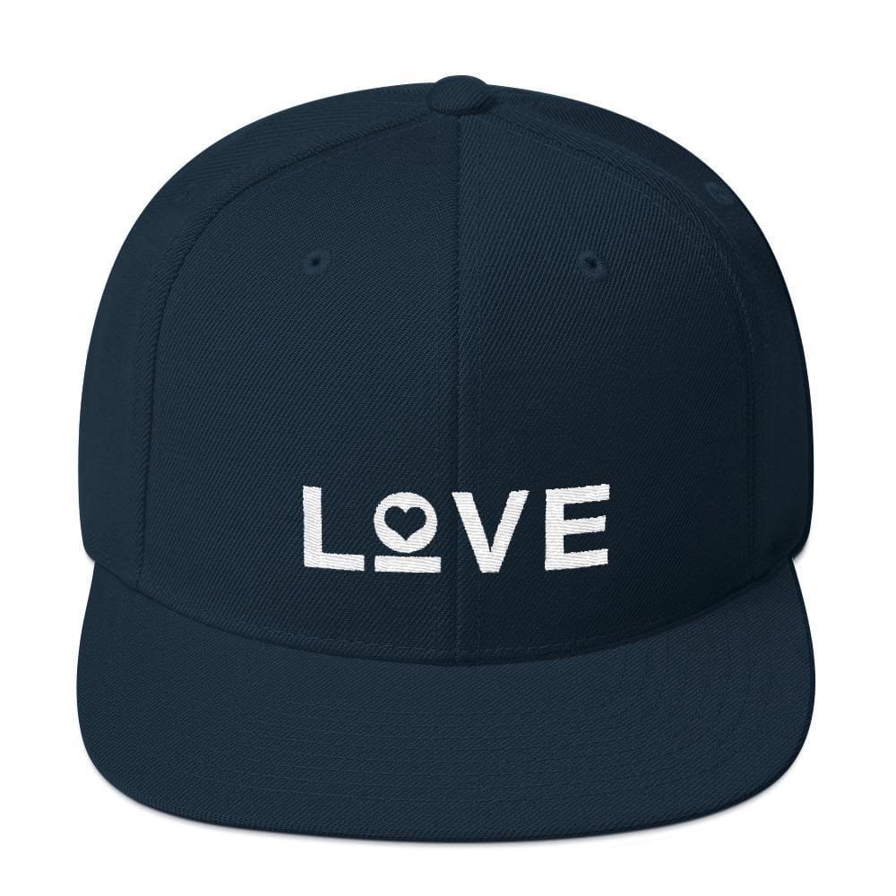 Snapback hat, dark navy with white LOVE heart graphic and flat brim.