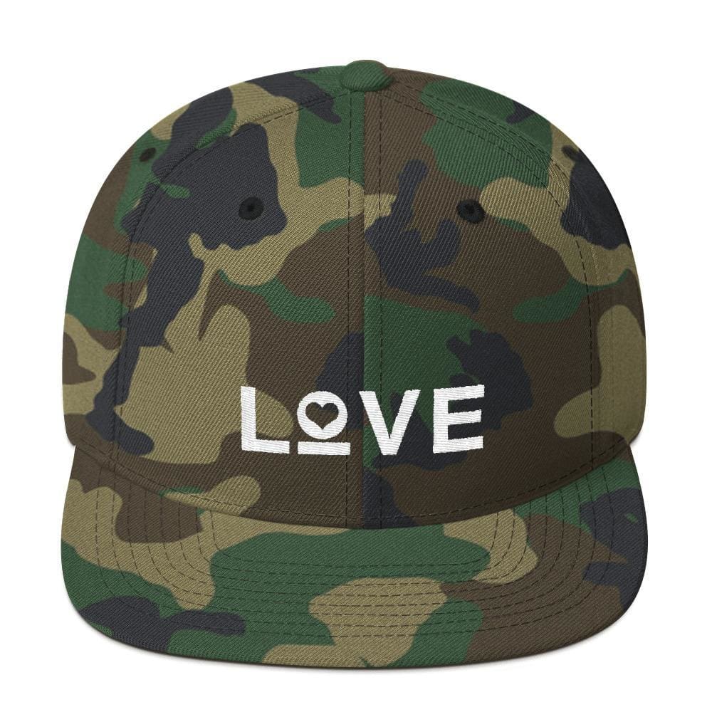 Snapback hat, green camo print with white LOVE heart graphic and flat brim.